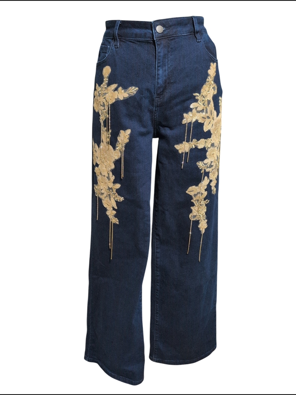 Nwt Noli Dark Blue Wide-Leg Jeans with Gold Floral Appliqué Stretch Jewel 31X32